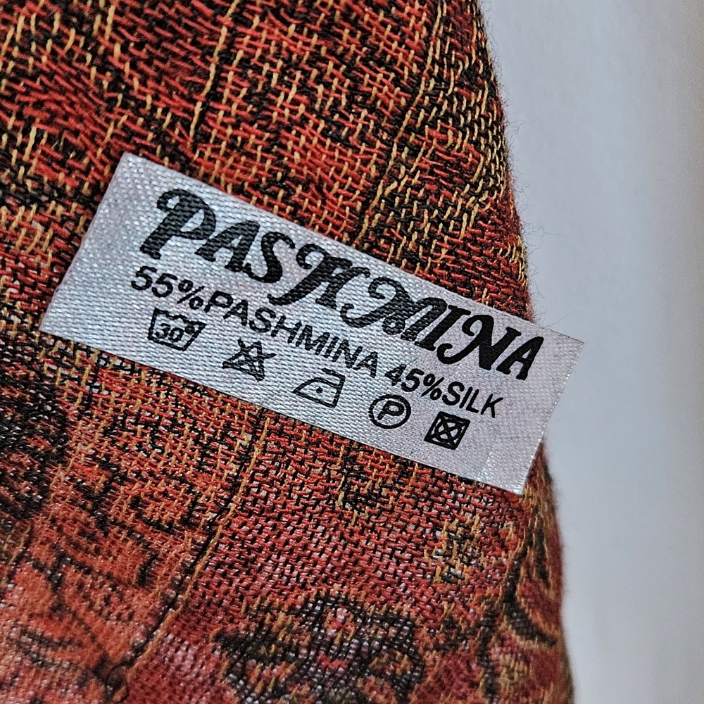 Pashmina Orange Floral And Paisley Fringed‎ Pashmina Silk Shawl Scarf - Picture 2 of 7